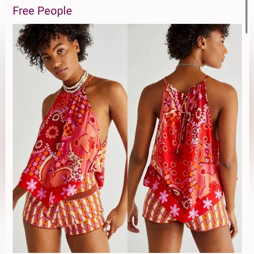 Free People retro Red Halter Tie Front Tank Top medium - Picture 1 of 3